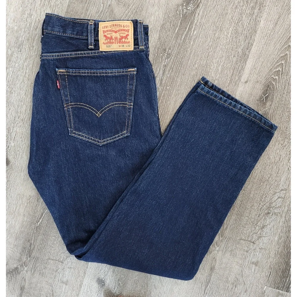 Levis 505 Regular Fit Straight Leg Jeans Mens 38x32 Dark Wash Indigo Denim